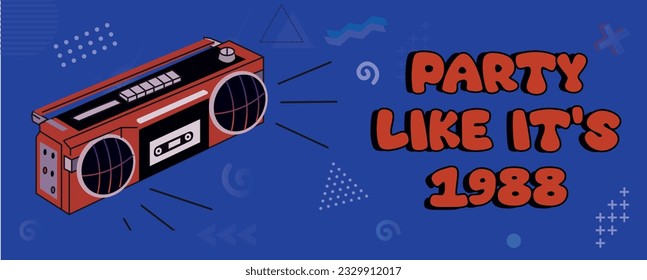 1980s red boombox, vintage cassette player, abstract blue background with geometric shapes. Text: party like it's 1988. Vector illustration