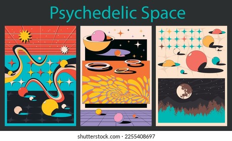 1980s Retro Abstract Style Psychedelic Space Posters Set