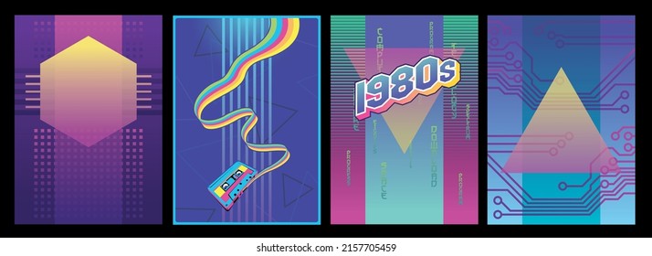 1980s Retro Bright Colors Abstract Elements Backgrounds Set