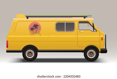 camioneta de carga retro de los años 1980, auto de surf amarillo con huella de coco retroondas, ilustración vectorial realista, vista lateral