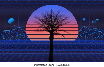 1980s Retro futuristic background. Retro futuristic sunset with laser grids and palm silhouette. Sci-Fi, Vaporwave background in 80s style. Vector illustration