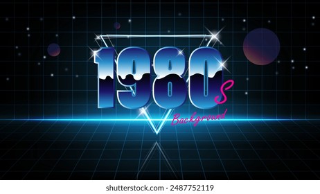 1980s retro game background. Synthwave wireframe landscape for game assets in vector illustrations.Retro Futurism Sci-Fi Background. glowing neon grid.and stars from vintage arcade comp	