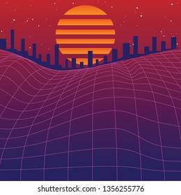 1980's retro graphic vector with wire mesh landscape, setting sun and silhouettes of city buildings