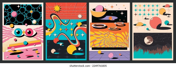 Años 1980 Retro Estilo Psicodélico Abstracción Espacio Afiches de fondo conjunto