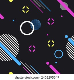 Patrón retro sin fisuras de los años 80 con diseño. Diseño gráfico azul oscuro de los años 80. Ilustración para prendas de vestir, textiles, fondos y proyectos web.