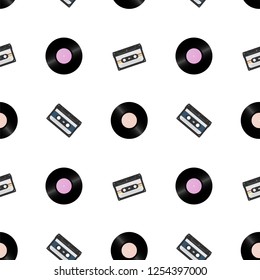 1980s retro seamless pattern. Vintage loopable background with vinyl records and audio tapes.
