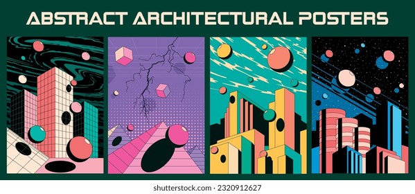 1980s Retro Style Abstract Geometrical Architecture Posters Set 