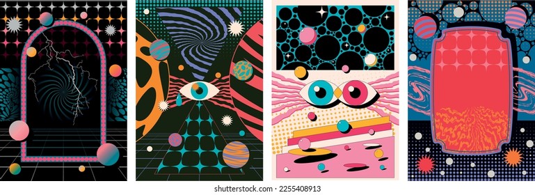 1980s Retro Style Psychedelic Abstract Posters And Backgrounds Set