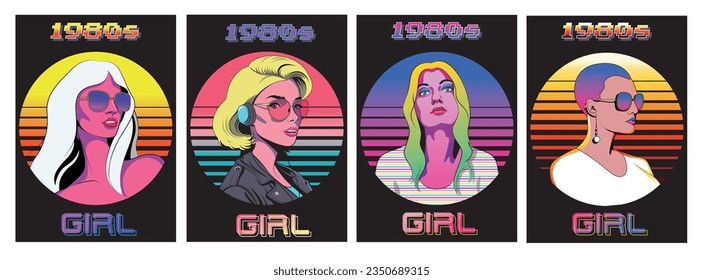 1980s Retro Techno Style Bright Colors Woman Portrait Posters Set