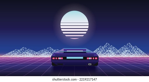 1980s retro wave background, 3d illustration of a future car driving through neon cyberpunk perspective grid. Old school video racing game concept, vector design.