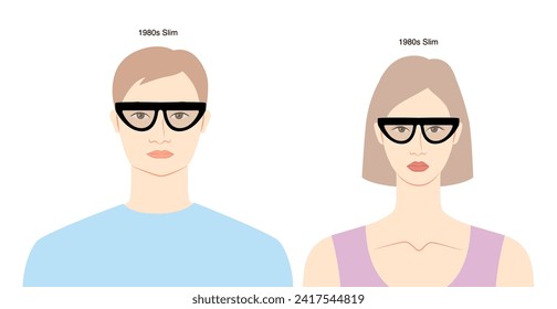 Gafas de marco delgadas de los años 80 en la ilustración de accesorios de moda de carácter plano para mujeres y hombres. Vista frontal de vidrio solar estilo de silueta unisex, anteojos de gafas de gafas, contorno de estilo de boceto aislado en blanco
