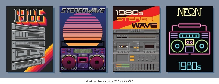 Sistemas estéreo de los años 80, grabadores de audio, pósters de estilo vintage, fondos de color de los años 80 