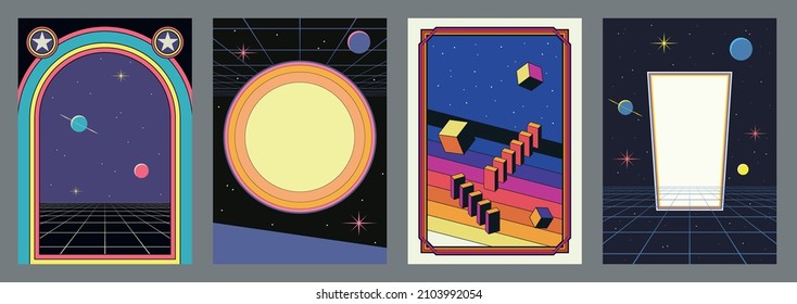 1980s Style Abstract Backgrounds, Illustrations. Vintage Colors, Geometric Shapes, Grids