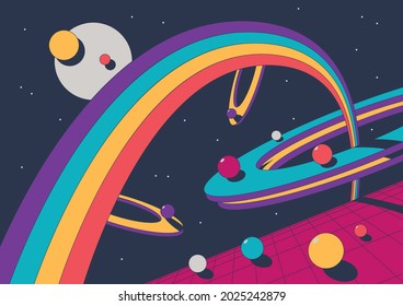 1980s Style Abstract Illustration, Psychedelic Space, Geometric Shapes, Vintage Colors, Perspective Grid