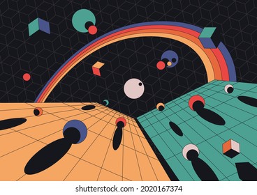 1980s Style Abstract Space Illustration, Perspective Grid, Geometric Shapes, Rainbow, Balls and Cubes