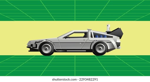 1980's style car from the future, cyberpunk neon perspective grid background, side view. Vector illustration