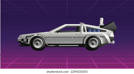 1980's style car from the future, cyberpunk neon perspective grid background, side view. Vector illustration