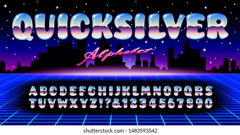 A 1980s style retro alphabet with the effect of molten metal chrome reflections. Quicksilver font has the shiny 3d effect of blobs of mercury.