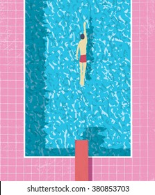 1980s style summer holiday poster with swimmer in swimming pool. Pink grunge worn tiles and water texture. Eps10 vector illustration.