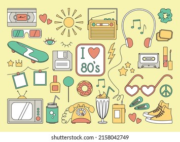 1980s Vibes. Collection of 80's elements. Star, eye, skate, hairpin, sneakers, sun, nail polish, candy, scrunchie, phone, radio, diskette, TV, donut, milkshake, soda, peace. Stylized vector big set