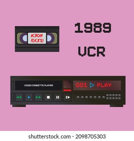 1980's video cassette recorder, retro vcr vector illustration, retrowave sticker