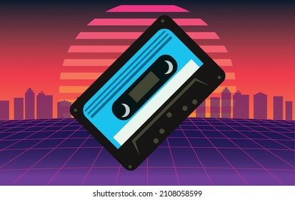 1980's vintage audio cassette on a retrowave background with cyberpunk grid, vector illustration