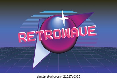 1980's vintage logo with written text "Retrowave" above the neon perspective grid. Vector illustration