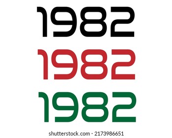 1982 year. Year set for comemoration in black, red and green. Vetor with background white.