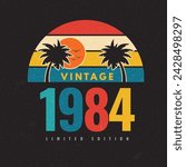 1984 vintage retro t-shirt design, Sunset logo badges on black background graphics for t-shirts, and other print production. 70s-style concept. Vector illustration for design.