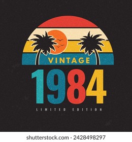 1984 vintage retro t-shirt design, Sunset logo badges on black background graphics for t-shirts, and other print production. 70s-style concept. Vector illustration for design.