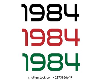 1984 año. Año de conmemoración en negro, rojo y verde. Vetor con fondo blanco.