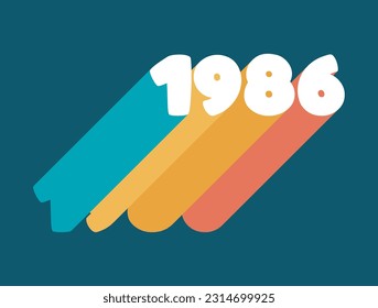 1986 year lettering, retro lettering, colorful long shadow, hippie font, dark background.