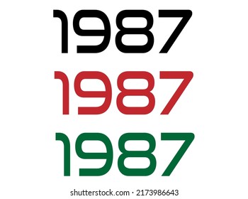 1987 year. Year set for comemoration in black, red and green. Vetor with background white.