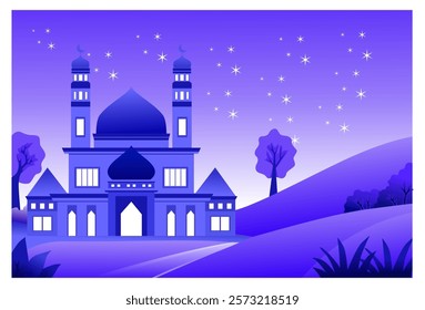 
199  5,000
Islamic themed nature scenery background illustration image with mosque object under bright purple night sky and shining stars, suitable for background, wall decoration, Ramadan template.