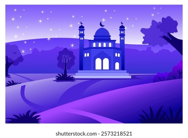 
199  5,000
Islamic themed nature scenery background illustration image with mosque object under bright purple night sky and shining stars, suitable for background, wall decoration, Ramadan template.