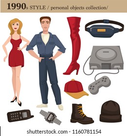 1990 fashion style man and woman personal objects