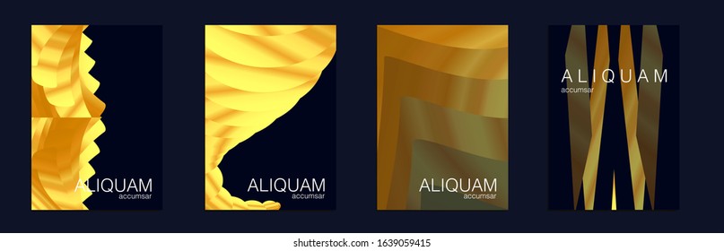 1990 Golden Iridescent Set of Covers. Gold Vector Background. Cosmic Design Business Template. Light and Stylish Luxury Brochures. Liquid Metallic Texture Layout. Minimal Geometric Illustrations.