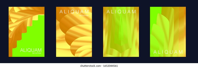 1990 Golden Iridescent Set of Covers. Gold Vector Background. Liquid Metallic Texture Layout. Minimal Geometric Illustrations. Light and Stylish Luxury Brochures. Cosmic Design Business Template.