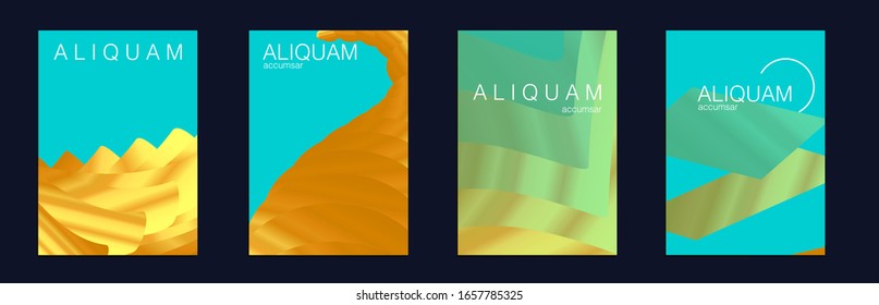 1990 Golden Iridescent Set of Covers. Light and Stylish Luxury Brochures. Cosmic Design Business Template. Gold Vector Background. Liquid Metallic Texture Layout. Minimal Geometric Illustrations.