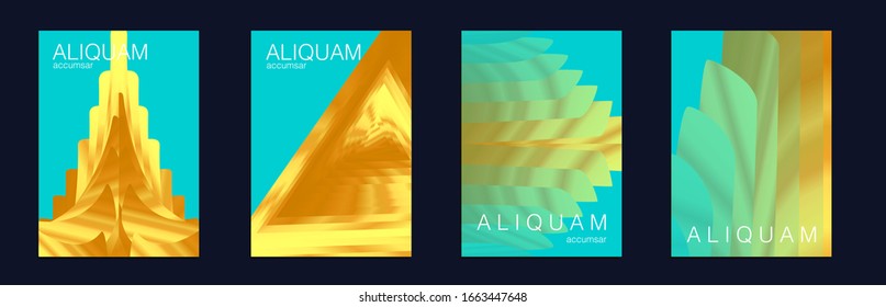 1990 Golden Iridescent Set of Covers. Gold Vector Background. Cosmic Design Business Template. Light and Stylish Luxury Brochures. Liquid Metallic Texture Layout. Minimal Geometric Illustrations.