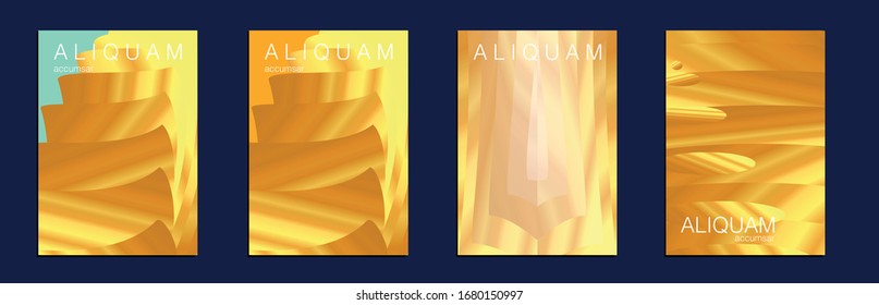 1990 Paper Gradient Backdrop. Luxury Abstract Brochure. Fluid Minimal Cover. Liquid Texture for Foil Label. Vintage Cosmic Design. Metallic Gold Yellow Set of Vector Backgrounds for Business Flyers.