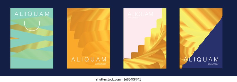1990 Paper Gradient Backdrop. Luxury Abstract Brochure. Liquid Texture for Foil Label. Vintage Cosmic Design. Fluid Minimal Cover. Metallic Gold Yellow Set of Vector Backgrounds for Business Flyers.
