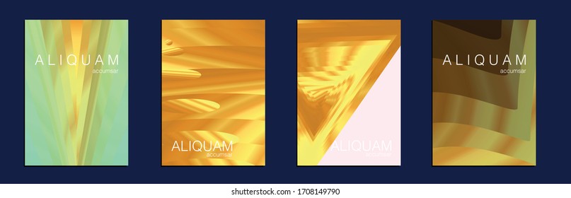 1990 Paper Gradient Backdrop. Luxury Abstract Brochure. Metallic Gold Yellow Fluid Minimal Cover. Liquid Texture for Foil Label. Vintage Cosmic Design. Set of Vector Backgrounds for Business Flyers.