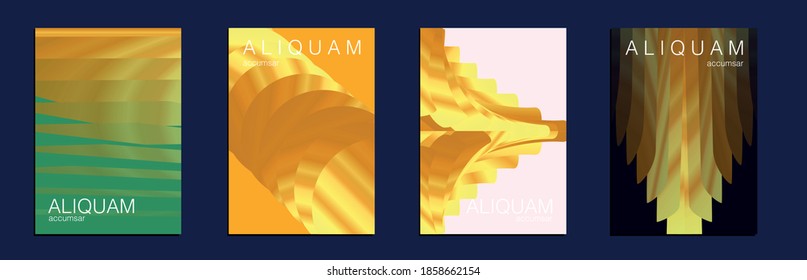 1990 Paper Gradient Backdrop. Luxury Abstract Brochure. Metallic Gold Yellow Fluid Minimal Cover. Set of Vector Backgrounds for Business Flyers. Liquid Texture for Foil Label. Vintage Cosmic Design.