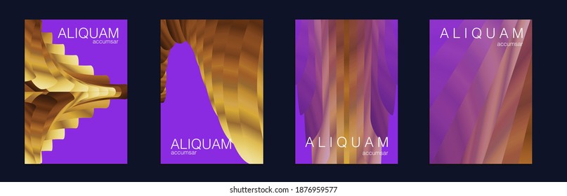 1990 Paper Gradient Backdrop. Luxury Abstract Brochure. Set of Vector Backgrounds for Business Flyers. Liquid Texture for Foil Label. Vintage Cosmic Design. Metallic Gold Blue Fluid Minimal Cover.