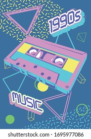 1990s Background, Abstract Pattern, Audio Tape Cassette, Trendy Colors and Shapes