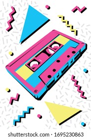 1990s Background, Audio Tape Cassette, Neon Colors, Geometric Pattern