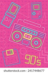 1990s Background, Neon Light Electronic Gadgets, Electronic Games, Stereo Recorder, Abstract Background Template for 90s Style Events