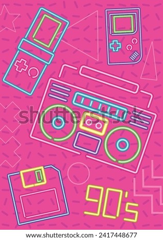 1990s Background, Neon Light Electronic Gadgets, Electronic Games, Stereo Recorder, Abstract Background Template for 90s Style Events