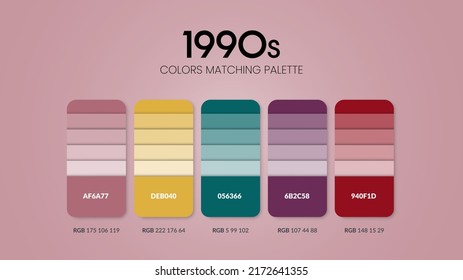 In den 90er Jahren wurden Ideen für Farbschemas entwickelt. Farbtrends-Kombinationen und Farbpalettenführung. Beispiel von Tafelfarbtönen in RGB und HEX.Color swatch für Mode, Heimat, Inneneinrichtung oder cataloque.Color Chart-Vektorgrafik.